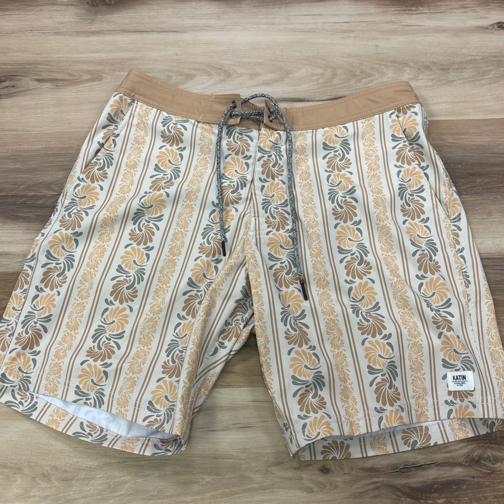 Katin Board Shorts Mens 32 Heritage Floral Stripe Polyester Blend Tan Beachwear